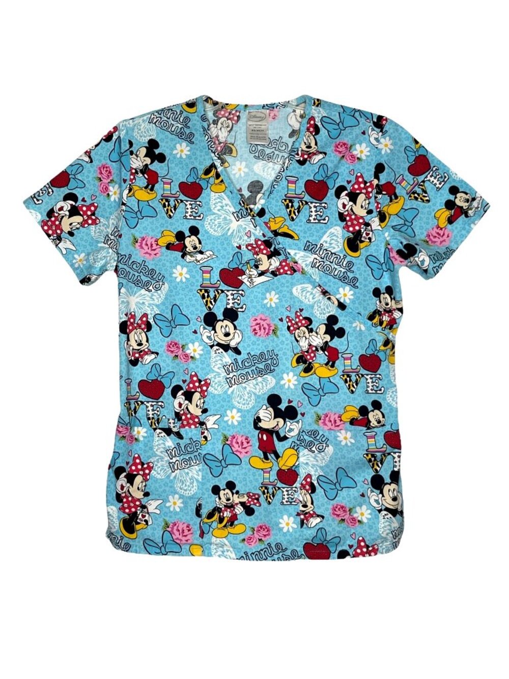 Disney Women's Scrubs Top Mickey & Minnie Call Me Mickey Blue Sz XS